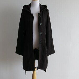 Majora Black Belted Hooded Button Down Long Knit Cardigan Sweater - Size Large